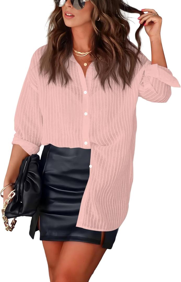 Diosun Womens Striped Sheer Button Down Shirts Long Sleeve Collared Drop Shoulder Stylish Casual Blouse Tops (Pink, M)