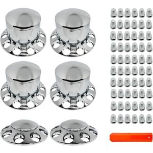 Semi Truck Hub Covers & Wheel Covers Kit - 2 Front + 4 Rear Axle Covers, 33mm Thread-on Lug Nut Covers, 10 Hole Removable Hub Caps/Wheel Caps, ABS Chrome Plastic.