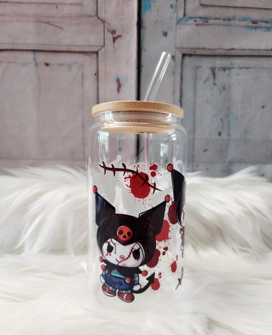 Kumori Horror Glass Cup | 16oz Beer Can Glass with Lid and Glass Straw | Glass Coffee Cup | Glass Tumbler Coffee Cup