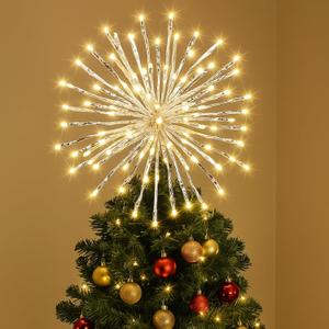 WILLBOND 3 Pcs Christmas Tree Starburst Topper Christmas Starburst Light Set, Hanging Ground Dual-use Firework Star Lights with 80 Leds Waterproof Light Ball with Plug Hook for Xmas Holiday Yard Decor