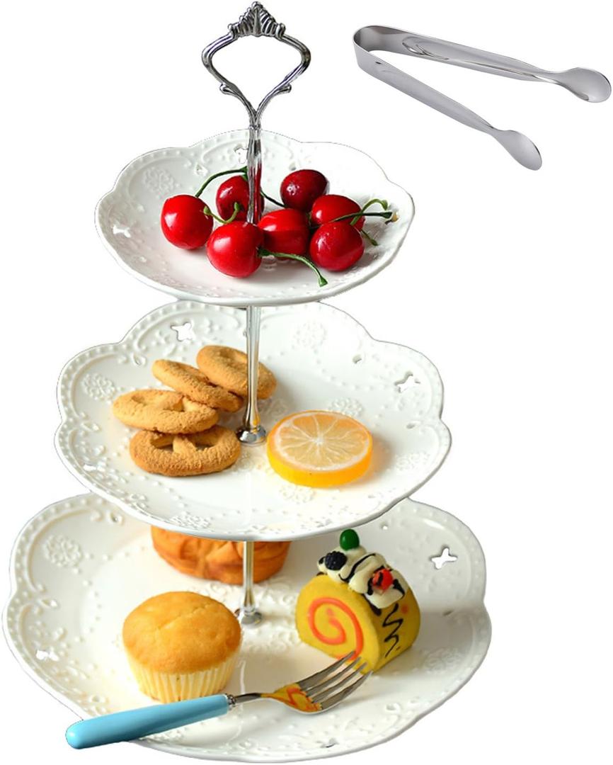 Cupcake Stand- Jusalpha 3-Tier White Porcelain Cake Stand Dessert Stand-Cupcake Stand-Tea Party Serving Platter, Comes in a Gift Box- Free Sugar Tong (10", Silver)