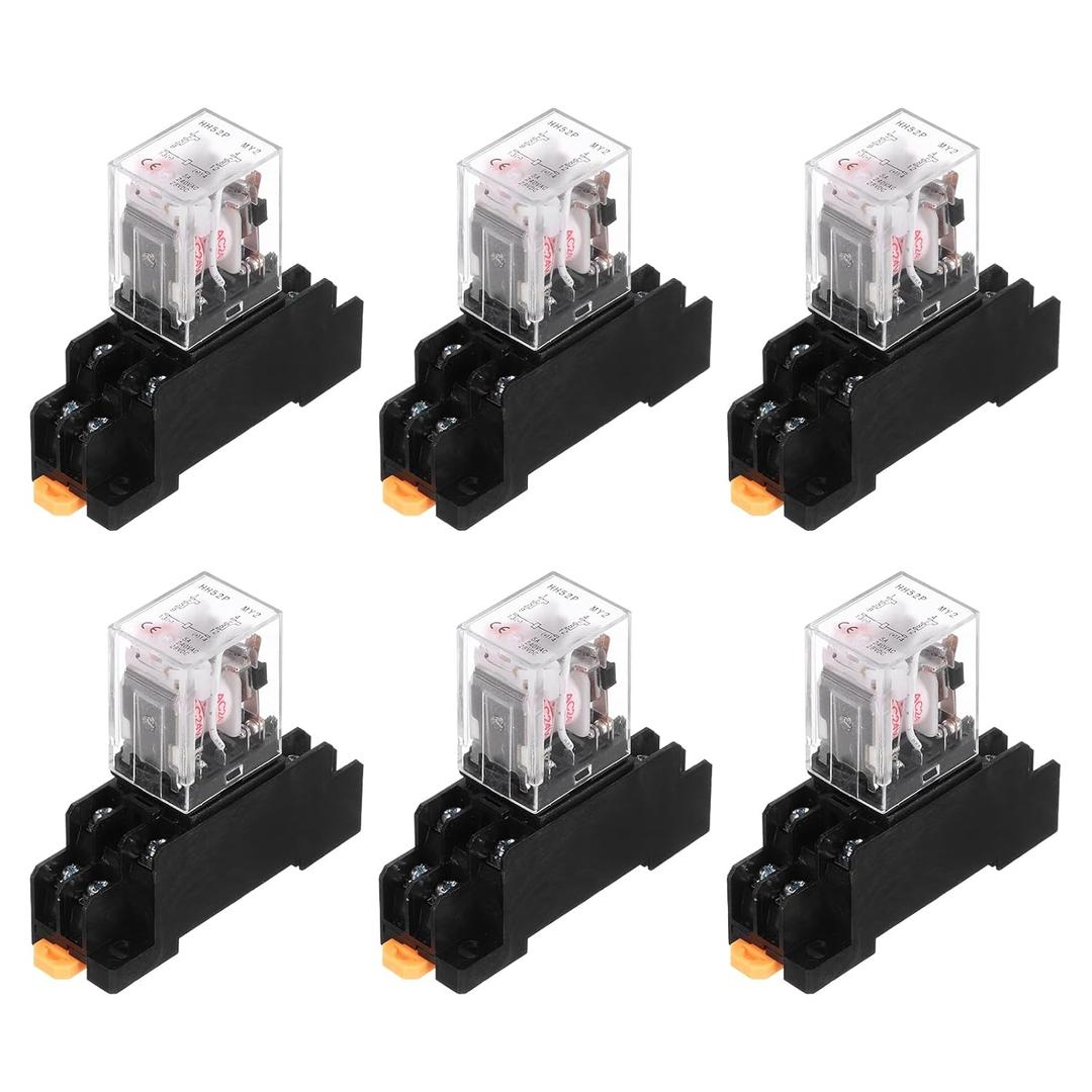 MECCANIXITY 6Pcs AC 24V Electromagnetic Power Relay, 8-Pin 5A Power Coil Relay with LED Indicator and Socket Base DPDT 2NO 2NC - MY2NJ for Industrial, Home Appliances and DIN Rail System