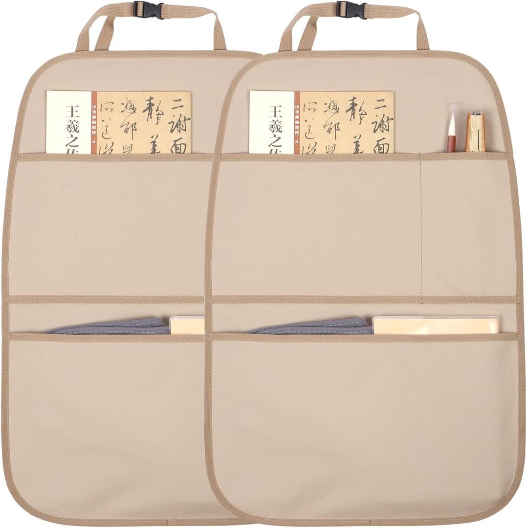 Kick Mat Back Seat Protector Waterproof Leather Car Seat Back Organizers Cover with 3 Storage Pockets for Kids Pets SUV Sedan Minivan Truck Car Travel Accessories (Beige 2-Pack)