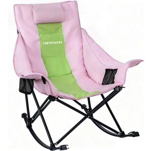 Oversized Rocking Camping Chair for Adults with Headrest, Portable Rocking Chair with Cup Holder, Side Pocket & Carry Bag, Heavy Duty Outdoor Rocker Chair for Camp, Patio, Pink