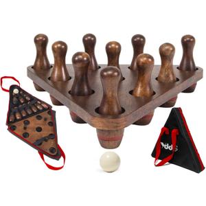 Shuffleboard Bowling Pin Set with 10 Pcs Premium Hardwood Bowling Pins Durabel Triangular Pinsetter Resin Bowling Ball and Carrying Bag, Fun for Shuffleboard Games (Retro-Red)