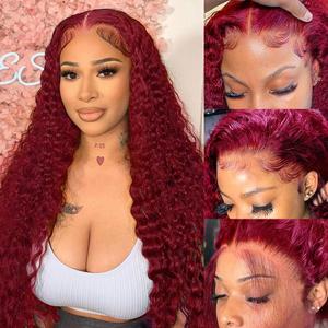 250% Density 99J Burgundy 13x6 Deep Wave HD Lace Front Wigs Human Hair for Women Glueless Burgundy Deep Curly Lace Frontal Wigs Brazilian Virgin Human Hair Wigs Pre Plucked with Baby Hair (#99j, 26Inch)