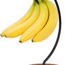 Banana Holder Stand - Patented Modern Banana Hanger with Wood Base Stainless Steel Banana Tree Hook Rack for Kitchen Countertop (Black Brown)