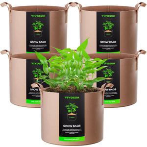 VIVOSUN 5-Pack 2 Gallons Grow Bags Heavy Duty Thickened Nonwoven Fabric Pots with Strap Handles Tan