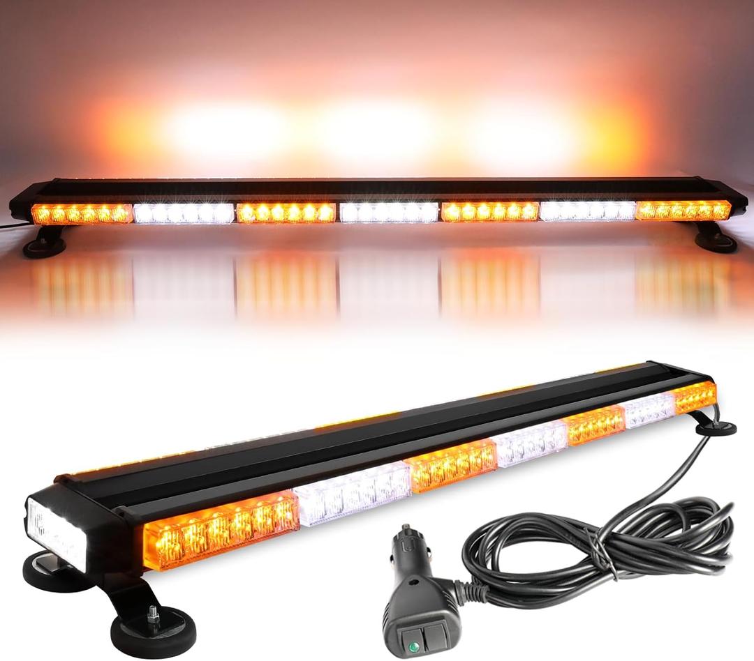 BraveWAY 45 Inch LED Strobe Light Bar White Amber, High-Intensity Emergency Flashing Hazard Warning Beacon Lights with Magnetic Base for Trucks Trailer Roof Safety
