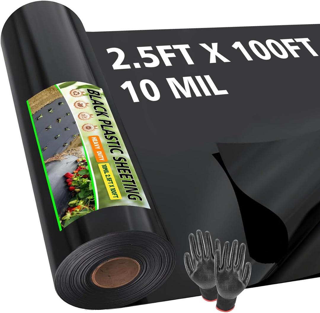 10 Mil Black Plastic Sheeting Heavy Duty, 2.5ft x 100ft LLDPE Vapor Barrier for Crawl Space Encapsulation, Moisture Barrier Film for Basement, Landscaping, Greenhouse & DIY (with Gloves)