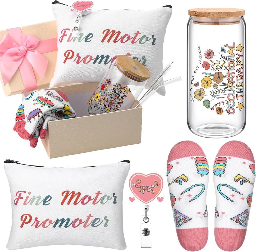Skylety 5 Pcs Occupational Therapy Gifts Set Glass Cup Socks Cosmetic Bag Badge Holder OT Appreciation Gift Box Occupational Therapy Month Gifts Stuff for Women Speech Therapist Doctor Nurse