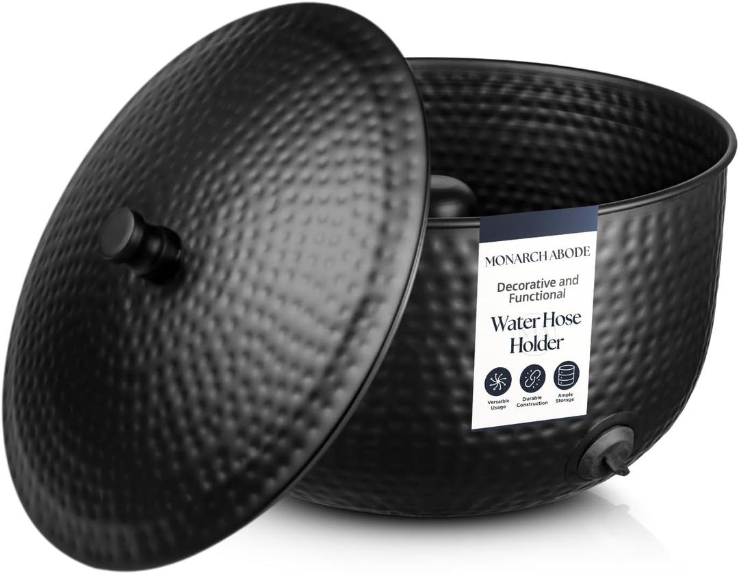 Monarch Abode Garden Hose Holder with Lid Decorative Water Hose Holders for Outside, Hand Hammered Metal Matte Black Pot with Drainage, 100ft Waterhose Holder for Outside, Garden Storage Caddy