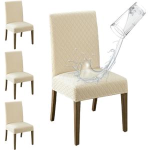 MOSAYT 100% Waterproof Dining Room Chair Covers Set of 4, Super Fit Stretch Jacquard Parson Chairs Slipcovers Removable Washable Chair Seat Protectors for Home, Kitchen, Banquet (Beige)