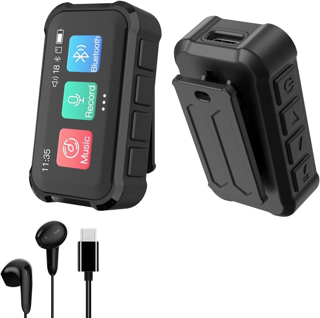 Pmjebe MP3 Player with Bluetooth, Portable Digital Lossless 32G Music Player with USB c Headphones, 1.47 in Full Touch Screen, Digital Voice Recorder, EBook, Mini Back Clip Design, Black