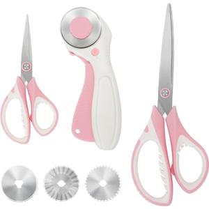 MANUFORE Pink Professional Sewing Scissors Set: Big and Small Scissors, Rotary Cutter with 3pcs Extra Blades for Cutting Fabric