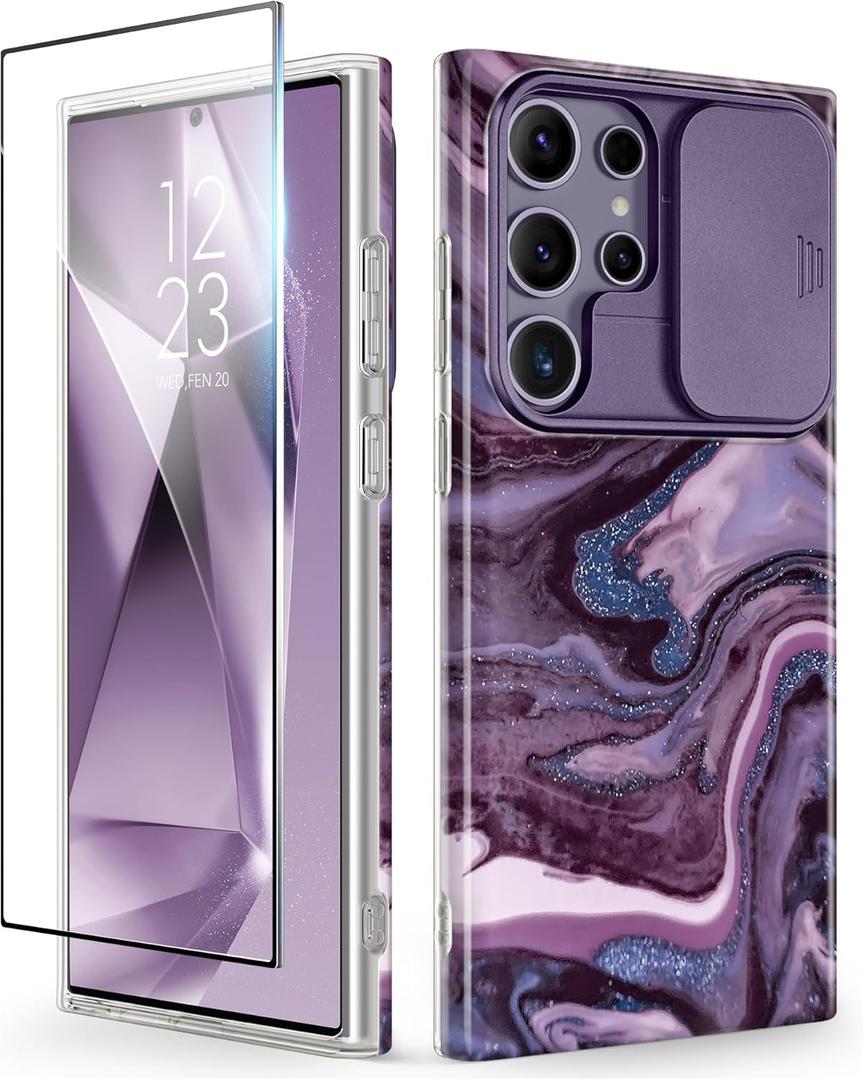 GVIEWIN for Samsung Galaxy S24 Ultra Case with Slide Camera Cover+Screen Protector, [Military Grade Shockproof] Marble Protective Slim & Tough Phone Case for S24 Ultra 6.8"(Quicksand/Purple)