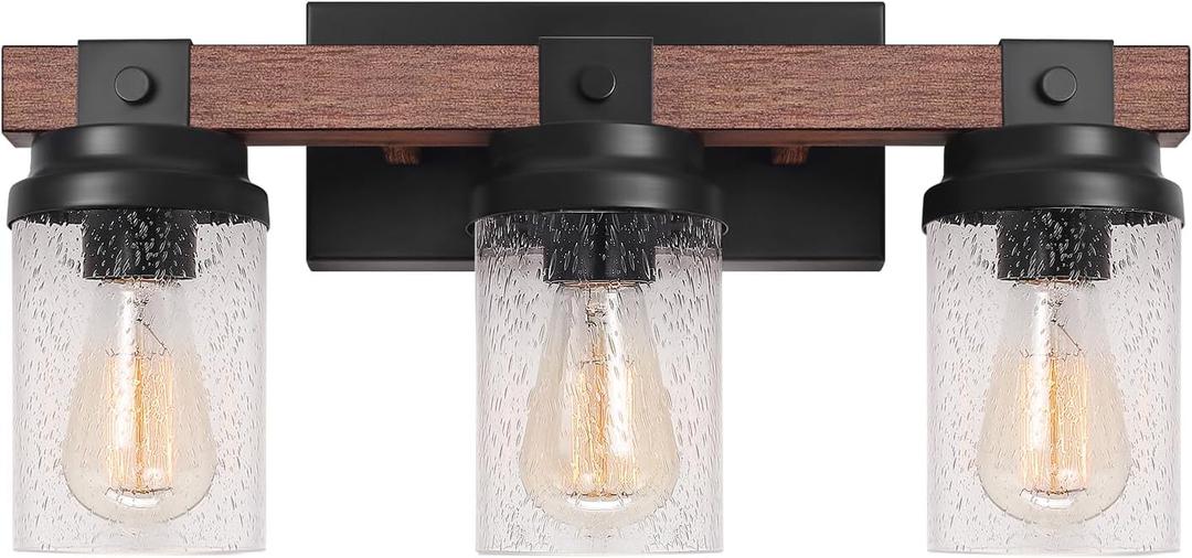 Farmhouse Vanity Light Fixtures, 3-Light Rustic Bathroom Lights Over Mirror with Pretty Glass Shade, Industrial Black Metal Wood Wall Decor Sconces for Living Room Hallway Stairway