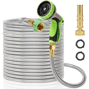 Garden Hose Metal 75 FT, Stainless Steel Hose, Water Hose with 10 Function Nozzle & Brass Nozzle, Lightweight, No Kink & Tangle, Easy to Use & Store, Heavy Duty Metal Hose for Yard and Lawn