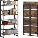 JSB No Assembly Folding Bookshelf, 4 Tier Industrial Metal Book Shelf for Storage, Vintage Wood Foldable Bookcase for Living Room, Bedroom, Office Organization Shelves (Fire Brown)