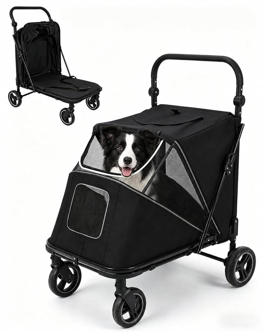 Large Dog Stroller for Medium Dogs 110lbs, Easy Entry Pet Stroller-Black