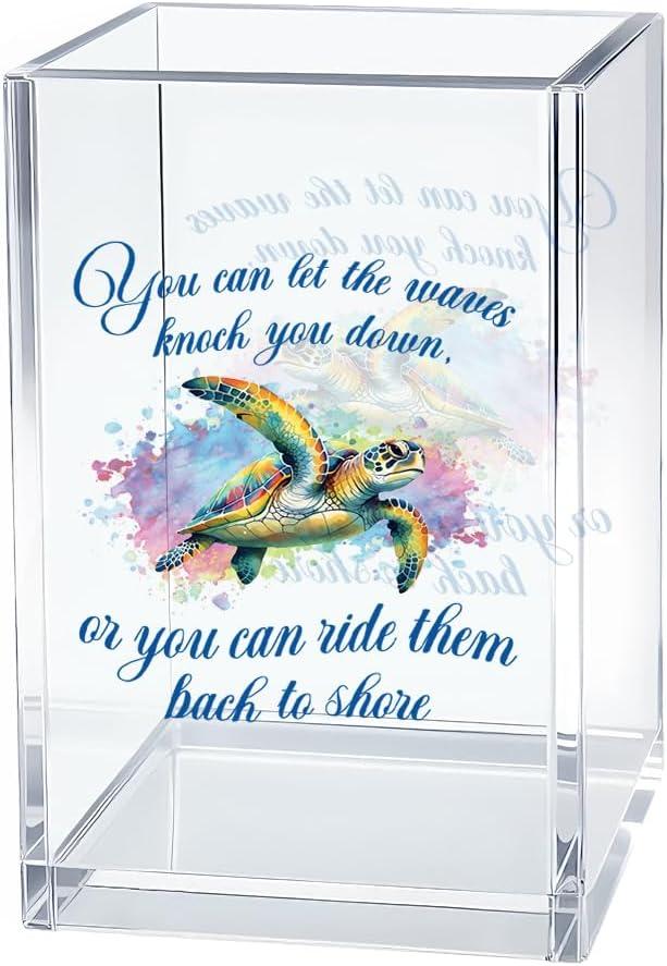 You Can Let The Waves Knock You Down Pen Holder Makeup Organizer, Fun Sea Turtle Pencil Pen Holder for Desk, Ocean Theme Desk Accessories, Beach Decor Organizer Office Gifts for Coworker Friend