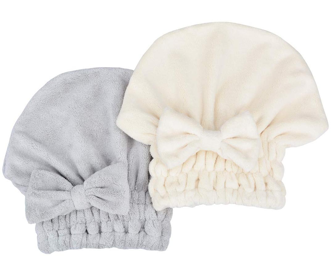 Microfiber Hair Drying Towels Head wrap with Bow-Knot Shower Cap Hair Turban hairWrap Bath Cap for Curly Long & Wet Hair Gift for Women (1gray+white)