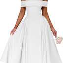 YMDUCH Women's Elegant Off Shoulder Short Sleeve A line Flowy Swing Cocktail Party Long Dress (White)