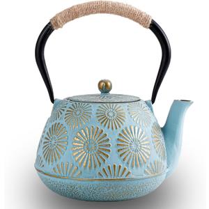Japanese Tetsubin Cast Iron Teapot, 40oz (1200ml) Enamel-Coated Stovetop Kettle with Stainless Steel Infuser & Heat-Resistant Handle, Traditional Iron Pot for Tea Ceremony (blue and gold)