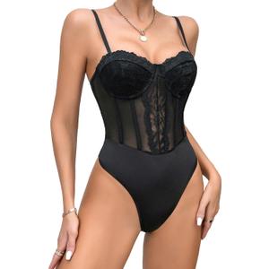 SHENHE Women's Sheer Mesh Sexy Lace Spaghetti Strap Bodycon Bustier Cami Bodysuit (Large, Black)
