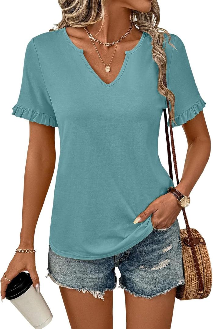 TICTICMIMI Women's V Neck Ruffle Short Sleeve Tops Summer Casual T Shirts (Blue, XL)