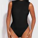 Verdusa Womens Mock Neck Backless Tops Double Lined Sleeveless Skinny Leotard Tops Bodysuit (Black, XS)