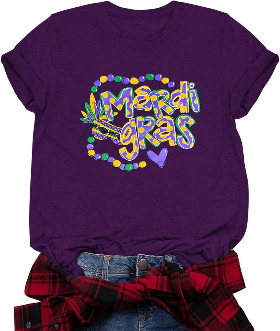 Mardi Gras Shirts for Women: Fat Tuesday Shirt Funny Mask Graphic Tee Carnival Short Sleeve Shirt New Orleans Party Top (Small, Purple-47)