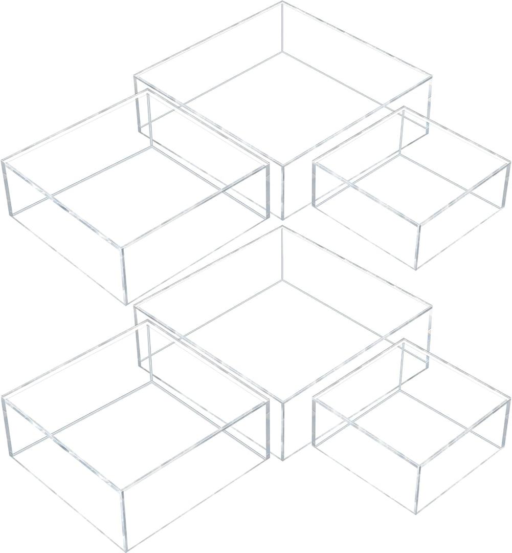 Sintuff 6 Pcs Acrylic Box Nesting Display Box Risers for Display 5 Sided Clear Stand Transparent Cases with Hollow Bottoms for Cake Table Food Dessert Collectibles
