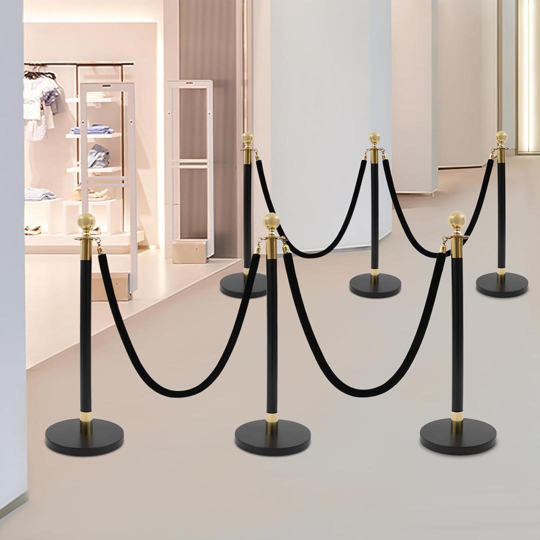 6-Pack Rope Barrier System, Barrier Post Kit, Stainless Steel Barrier Post Kit with 3 Ropes (4.92ft Each), 37.4" Height and 12.6" Weighted Base, for Crowd Control in Events, Malls, Exhibitions