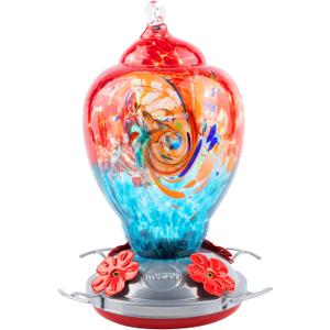 WOSIBO Hummingbird Feeder for Outdoors Patio Large 32 Ounces Colorful Hand Blown Glass Hummingbird Feeder with Ant Moat Hanging Hook, Rope, Brush and Service Card (Red-Blue)