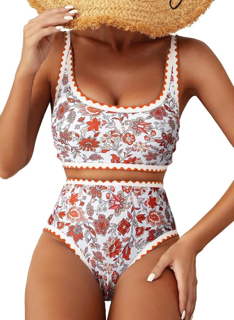 Herseas Women's Bikini Sets Floral Print Whip Stitch 2 Piece Swimsuits High Waisted Scoop Bathing Suits, Large