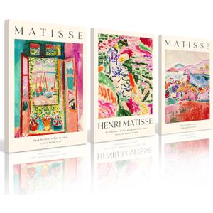Henri Matisse Wall Art Prints Set of 3 Matisse Wall Decor Aesthetic Canvas Poster Colorful Abstract Pink Picture Vintage Flower Art Exhibition Posters for Room Bedroom 16x24x3 Inch Wrapped Canvas (24L" x 16W")