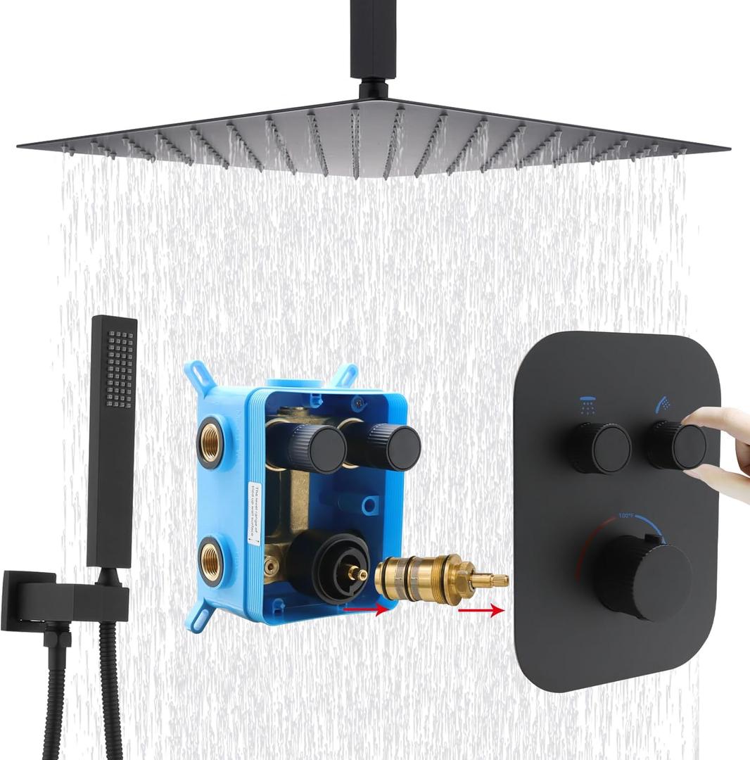 (Upgraded) Thermostatic Matte Black Shower System, 16 Inch Luxury Rain Mixer Shower Combo Set with Handheld and Temperature Control Valve Kit for Bathroom (All Functions Can Run Simultaneously)