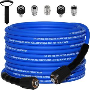 Kink Resistant 1/4" Pressure Washer Hose 50FT，3600PSI Power Washer Hose Replacement（M22-14mm）with 3/8" Quick Connect Adaptor for GreenWorks，Ryobi etc Household High-Pressure Washers