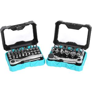 DURATECH 56-Piece 1/4" Mini Ratchet Wrench and Screwdriver Bit Set, 2-in-1, 72-Tooth and 60-Tooth with Bit Socket Set, Storage Cases Included