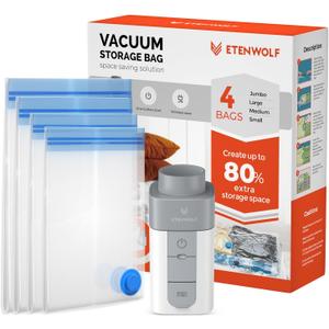 ETENWOLF 4 Pack Vacuum Storage Bags with Rechargeable Wireless Pump, Vacuum Seal Bags for Clothes and Travel, Space Saver Bags in Multiple Carry-On Sizes, Perfect for Luggage and Suitcases
