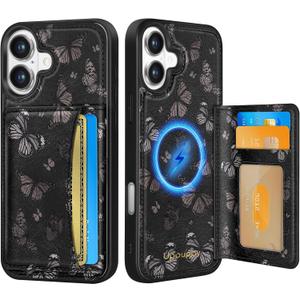 Uppuppy for iPhone 16 Wallet Case - Fits 4 Card Slots, Compatible with MagSafe for Women Aesthetic Durable PU Leather Credit Card Holder Kickstand Phone Cover for Apple 16, Black Butterfly