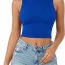 CLOZOZ Womens Tank Tops Round Neck Ribbed Sleeveless Crop Tops for Women High Neck Basic Crop Tank Top (Blue, L)