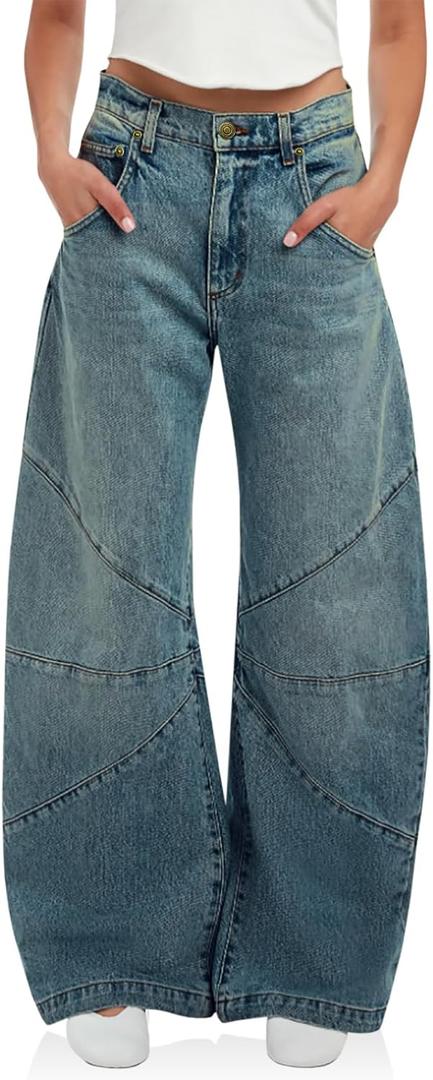 PLNOTME Women's High Waisted Barrel Jeans Casual Loose Boyfriend Wide Leg Denim Pants (Blue,4)