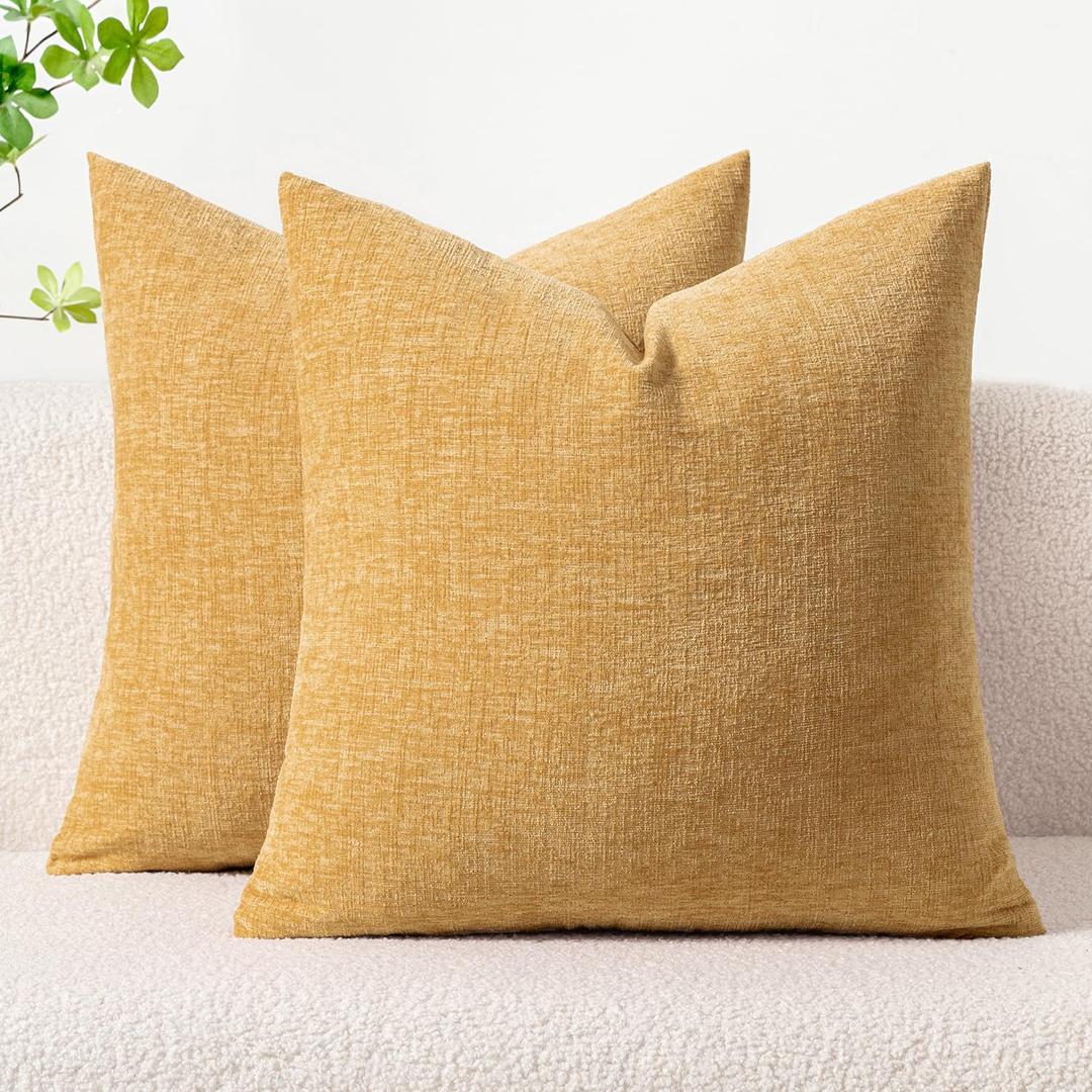 MIULEE Pack of 2 Couch Throw Pillow Covers 20x20 Inch Soft Beige Yellow Chenille Pillow Covers for Sofa Living Room Solid Dyed Pillow Cases