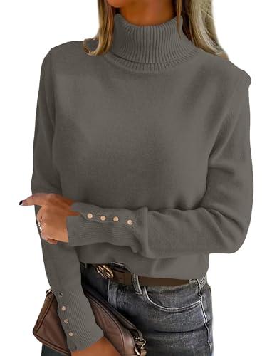ANRABESS Turtleneck Sweaters for Women Long Sleeve Dressy Casual Soft Knitted Button Pullover Tops 2025 Fall Winter Clothes Grey Khaki, Small