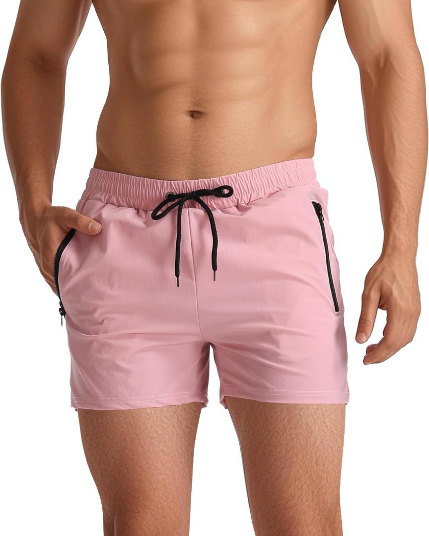 Mens Swim Trunks Quick Dry Swimming Shorts with Zip Pockets Men's Bathing Suits 5 Inch Inseam Elastic Mesh Lining Fit (Pink, XL)