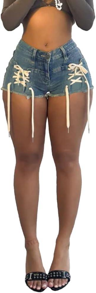 HTD Women's Denim Shorts Front Straps Casual Jean Shorts with Frayed Raw Hem (Blue) XL