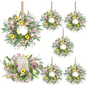 6 Pcs 9" Small Spring Wreath for Kitchen Cabinet Floral Wedding Candle Rings Wreaths Spring Summer Wildflower Wreath with Ribbon for Pillars Front Door Porch Wall Window Farmhouse Party Home Decor