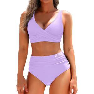 Yonique Women's Two Piece High Waisted Bikini Set Tummy Control Swimsuit Full Coverage Bathing Suit (XX-Large, Light Purple)